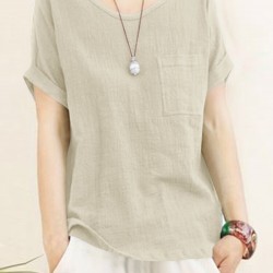 Solid Pocket Roll Short Sleeve Round Neck Casual Blouse