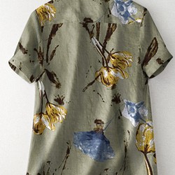 Random Flower Print Button Short Sleeve V  neck Blouse