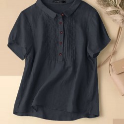 Solid Patchwork Button Lapel Short Sleeve Casual Blouse