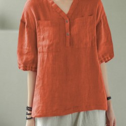 Solid Button Pocket V Neck Half Sleeve Casual Cotton Blouse