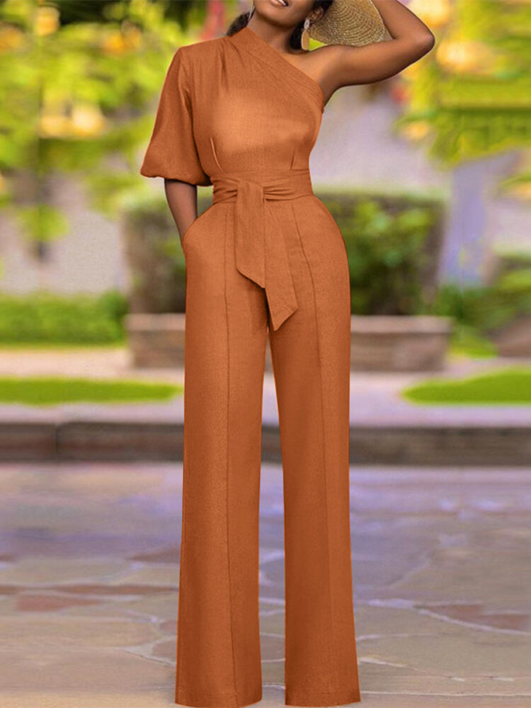 High Waist Solid Pocket Asymmetrical One Shoulder Jumpsuit High Waist Solid Pocket Asymmetrical One Shoulder Jumpsuit