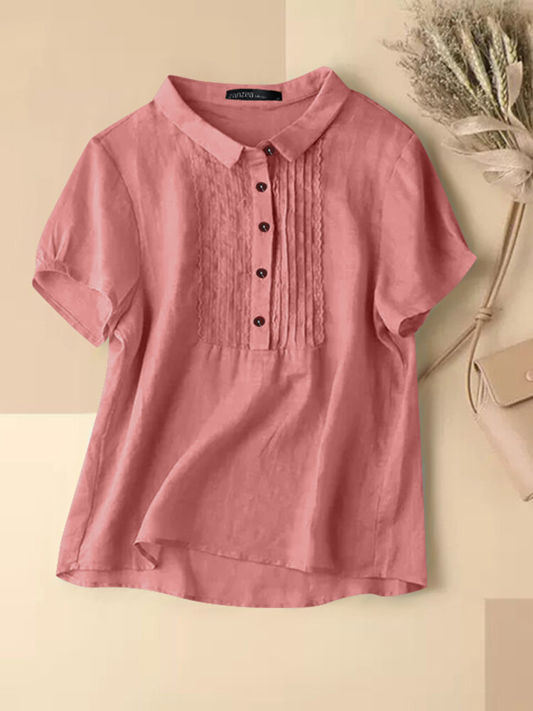 Solid Patchwork Button Lapel Short Sleeve Casual Blouse Solid Patchwork Button Lapel Short Sleeve Casual Blouse