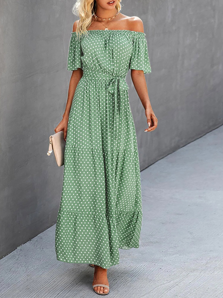Dot Print Off Shoulder Short Sleeve Dress With Belt