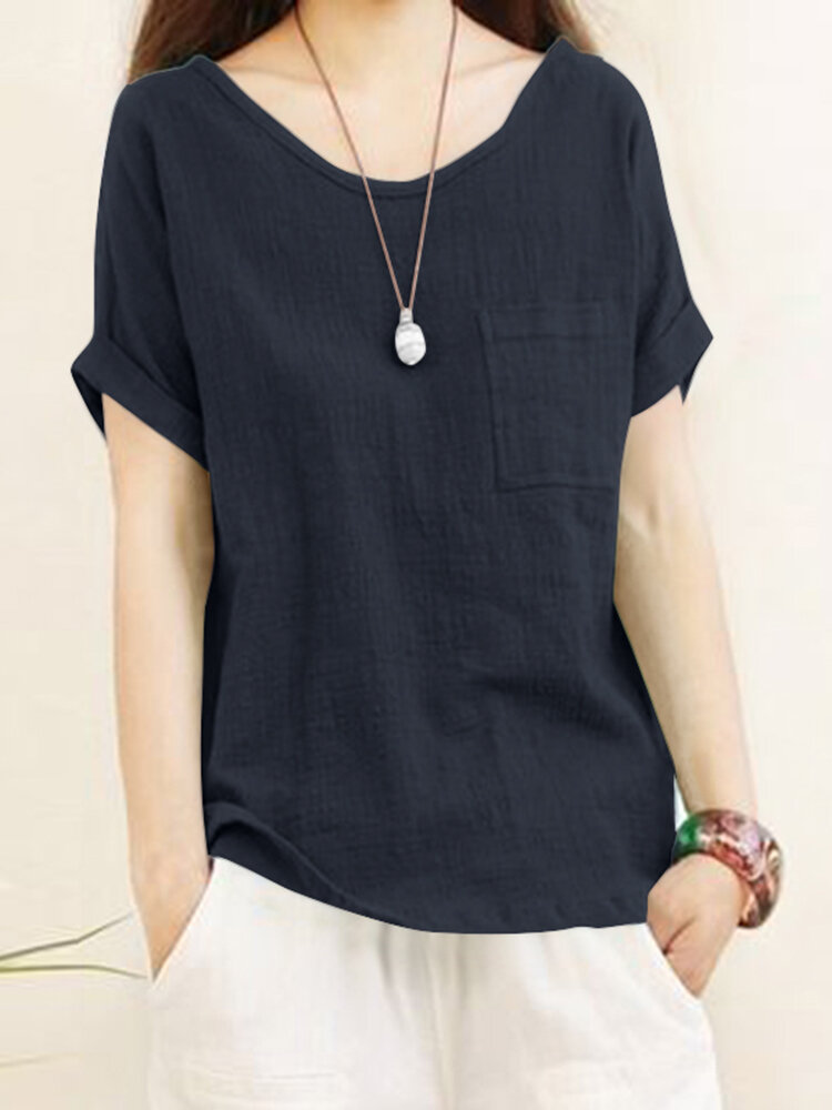 Solid Pocket Roll Short Sleeve Round Neck Casual Blouse