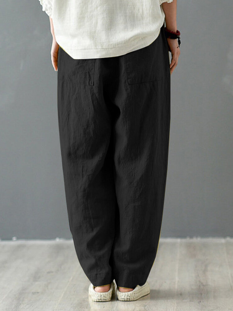 Solid Cotton Pocket Elastic Waist Casual Loose Pants Solid Cotton Pocket Elastic Waist Casual Loose Pants