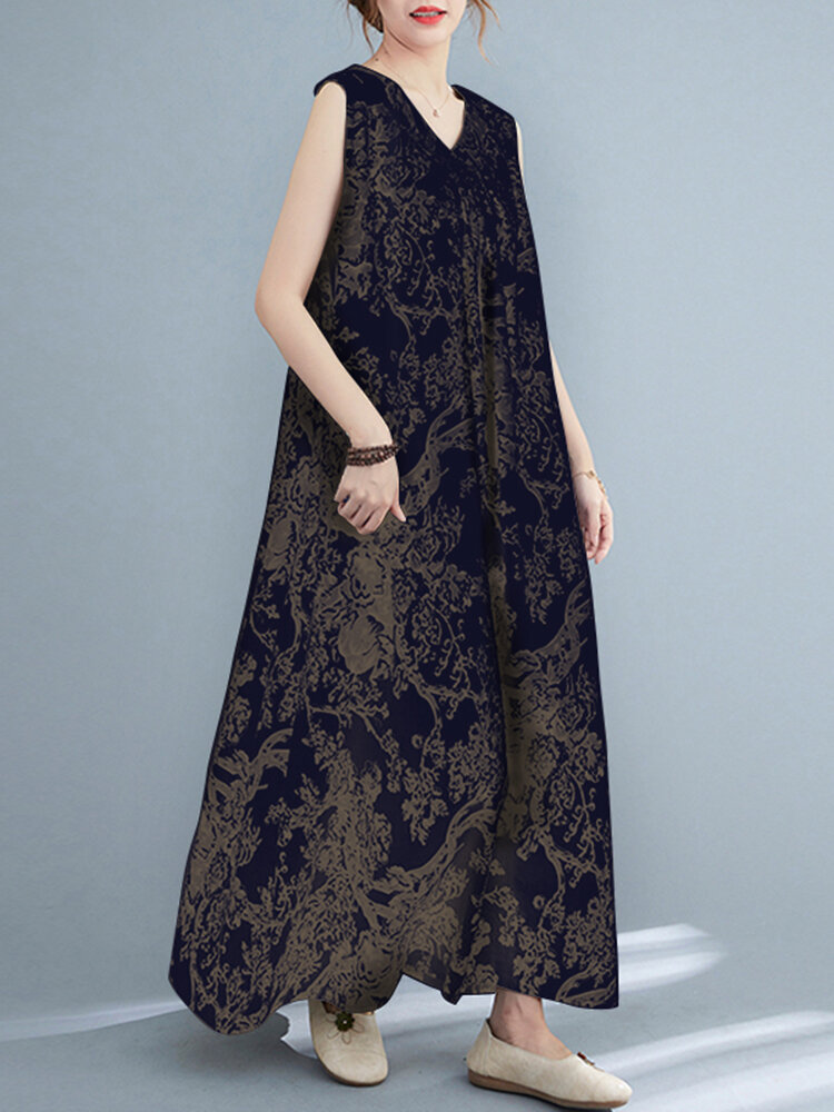 Plant Print Ruched Sleeveless Casual Maxi Cotton Dress Plant Print Ruched Sleeveless Casual Maxi Cotton Dress