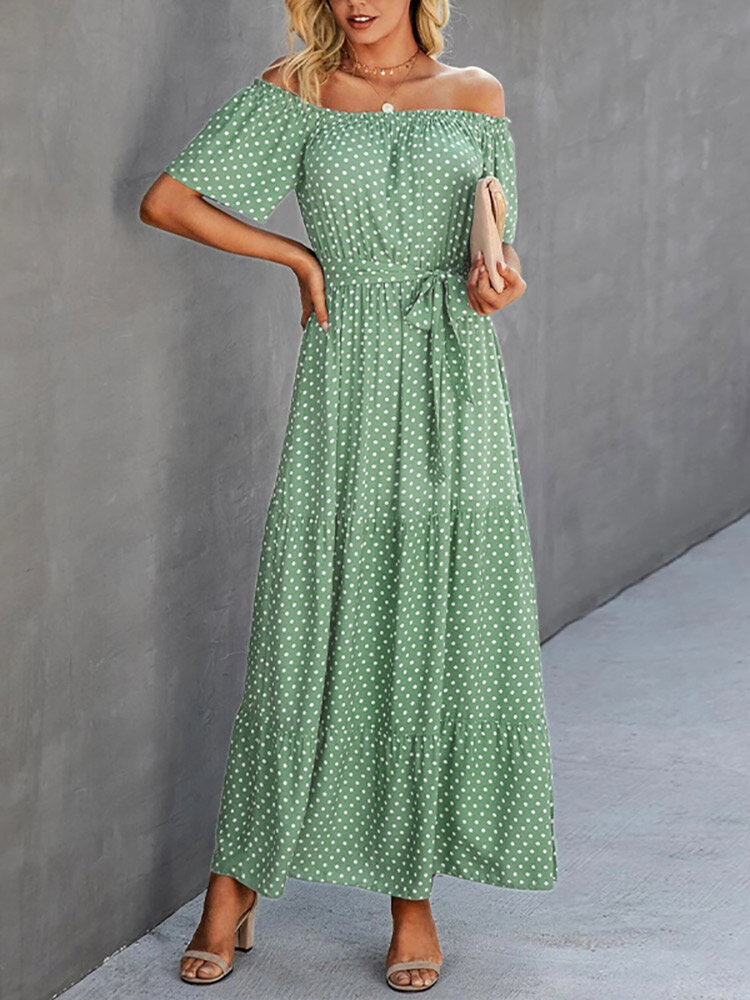 Dot Print Off Shoulder Short Sleeve Dress With Belt Dot Print Off Shoulder Short Sleeve Dress With Belt