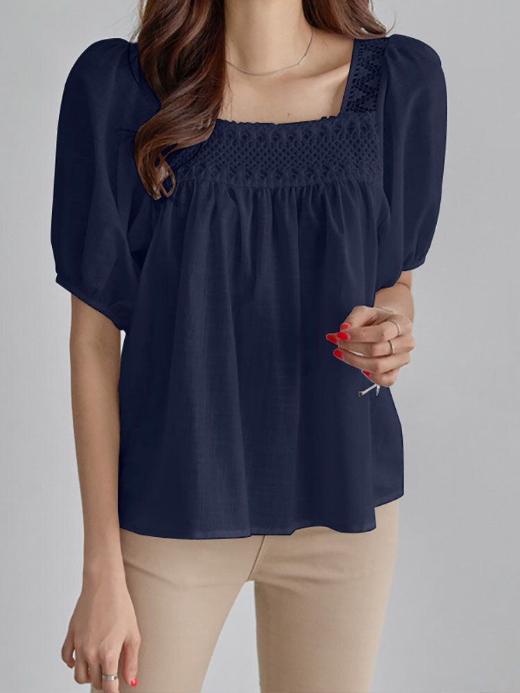 Solid Lace Patchwork Square Collar Short Sleeve Casual Cotton Blouse