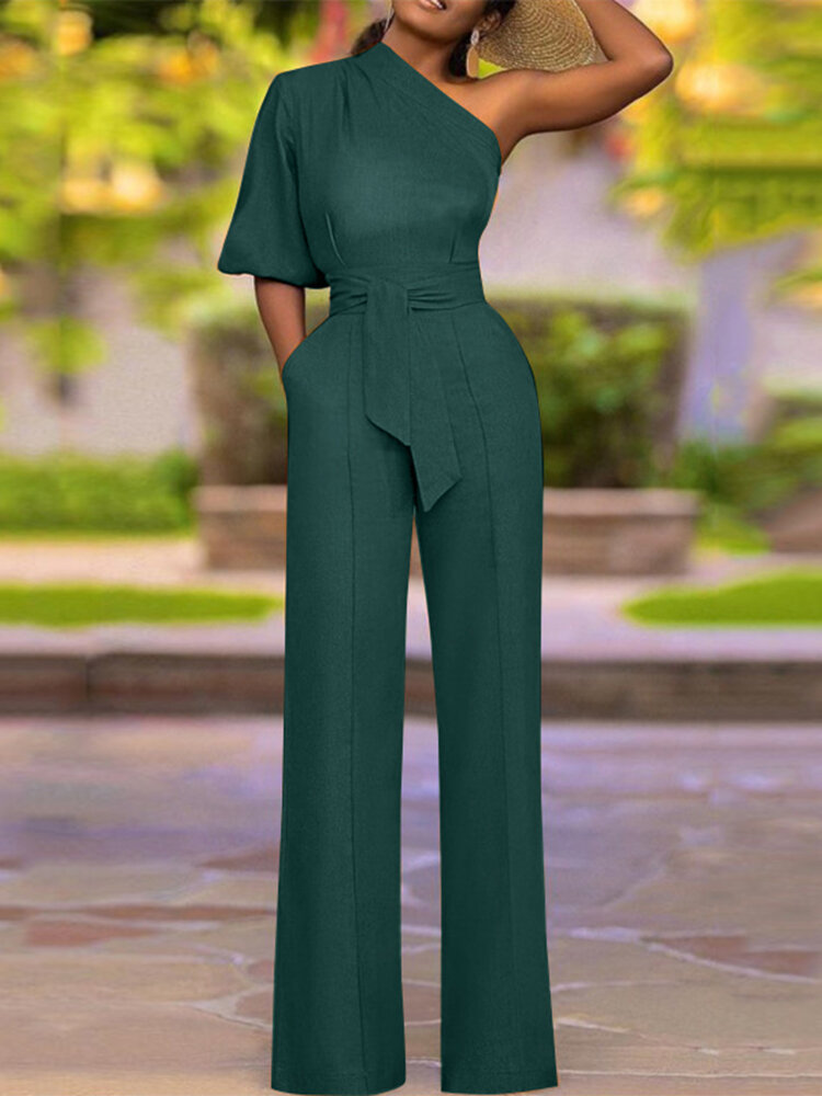 High Waist Solid Pocket Asymmetrical One Shoulder Jumpsuit