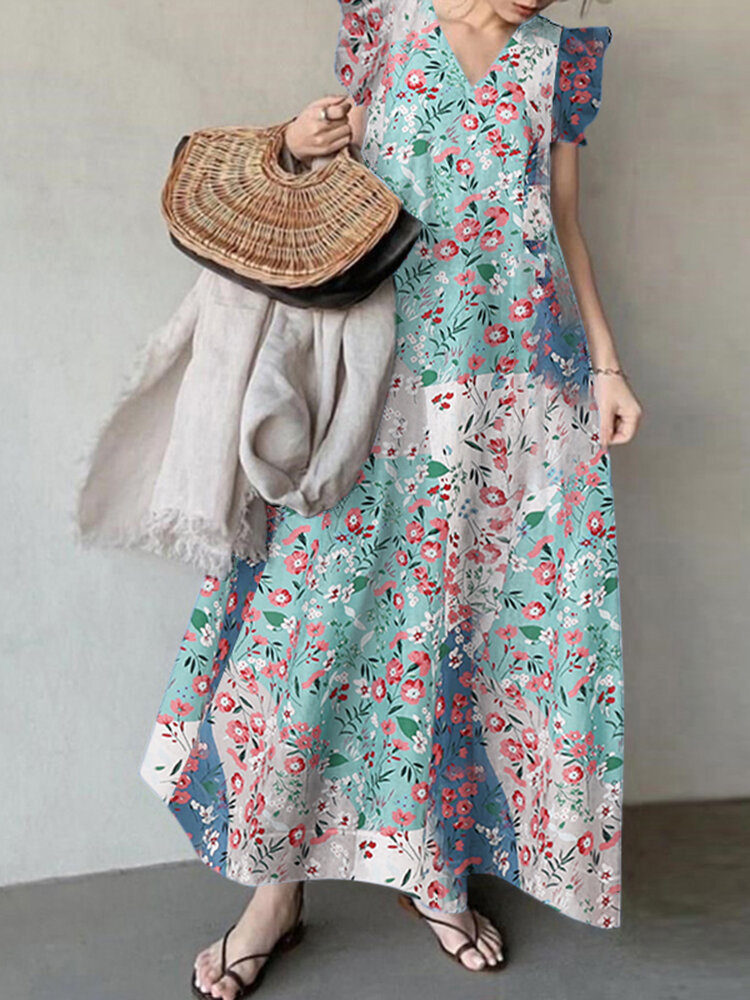 Leisure Calico Ruffle V Neck Maxi Dress