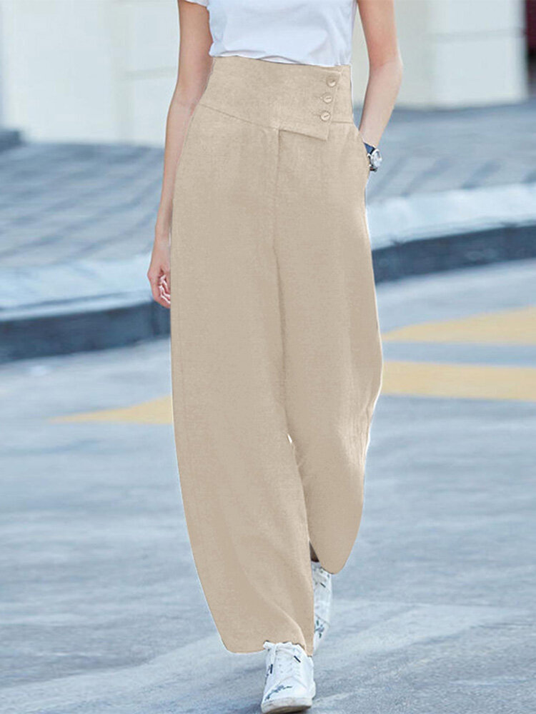 Solid Pocket Button Wide Leg High Waist Casual Pants Solid Pocket Button Wide Leg High Waist Casual Pants