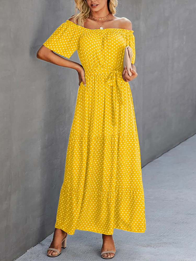 Dot Print Off Shoulder Short Sleeve Dress With Belt Dot Print Off Shoulder Short Sleeve Dress With Belt