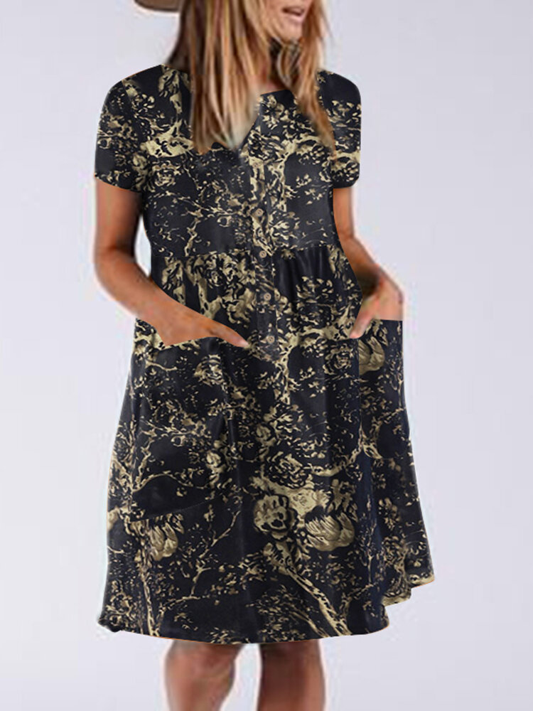 Cotton Plant Print Button Pocket Short Sleeve Midi Dress