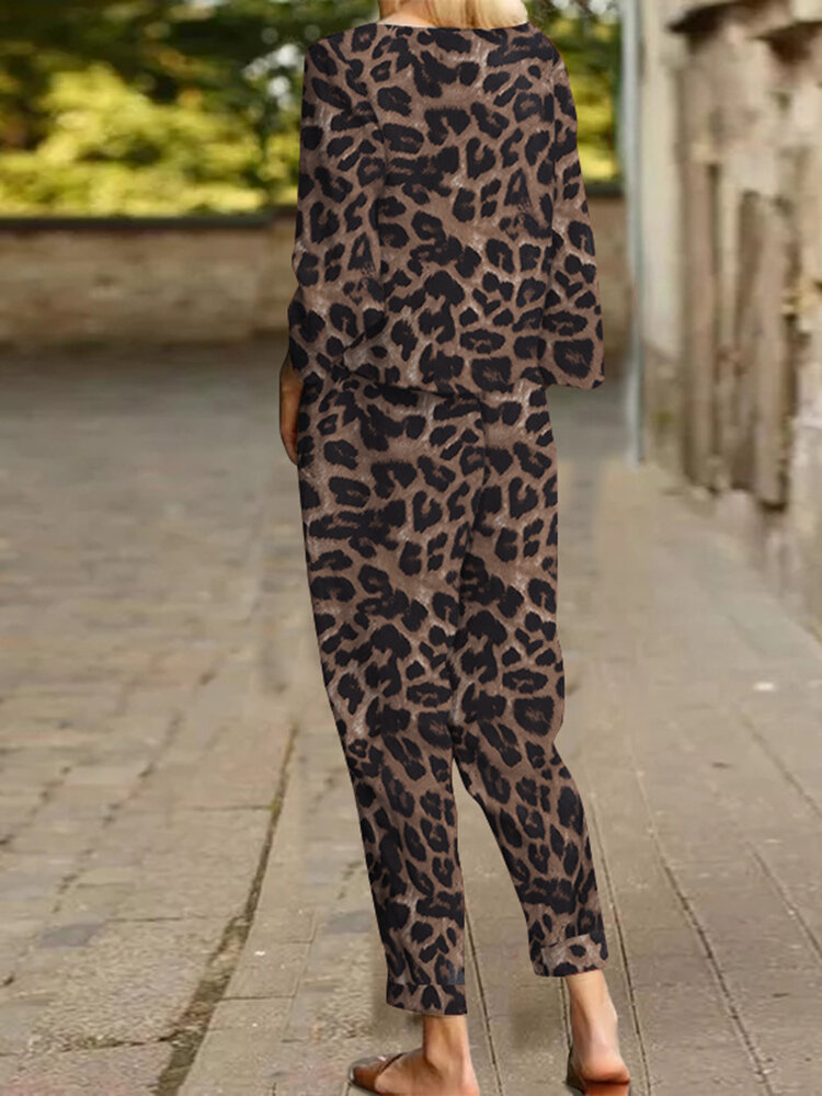 Leopard Print Pocket Tie Long Sleeve Elastic Waist Two Pieces Set Leopard Print Pocket Tie Long Sleeve Elastic Waist Two Pieces Set