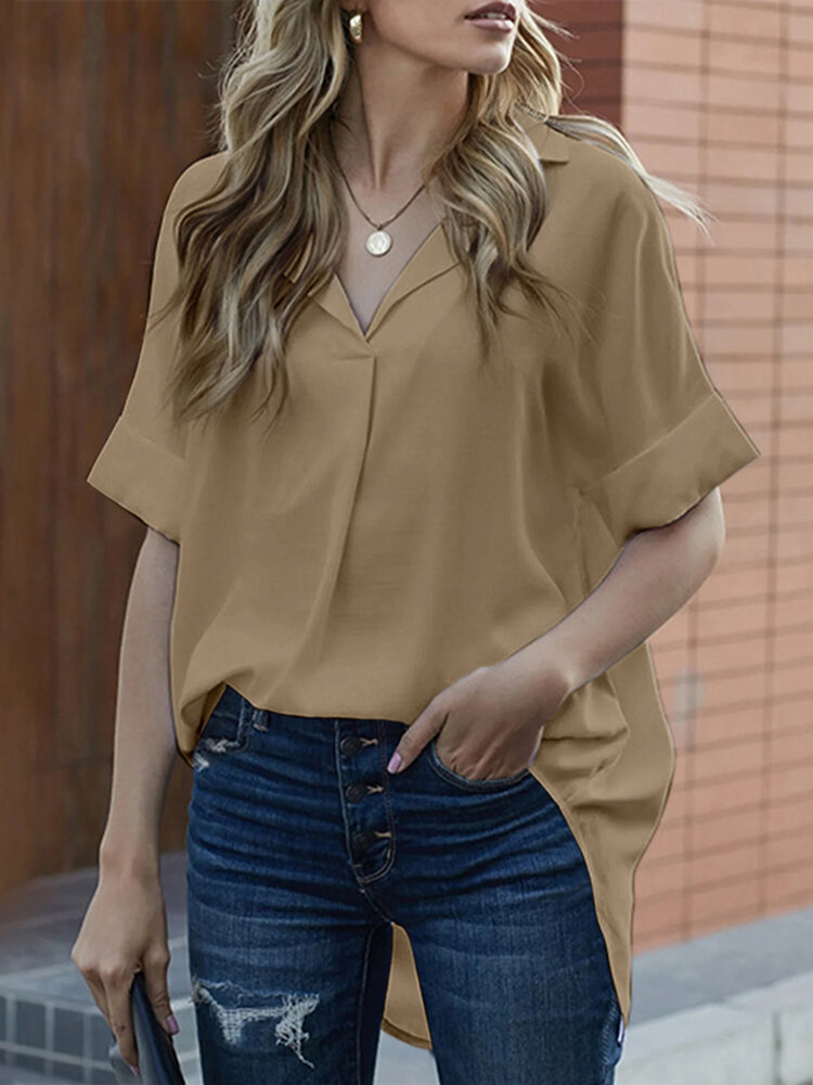 Solid Lapel Half Sleeve Casual Blouse Solid Lapel Half Sleeve Casual Blouse