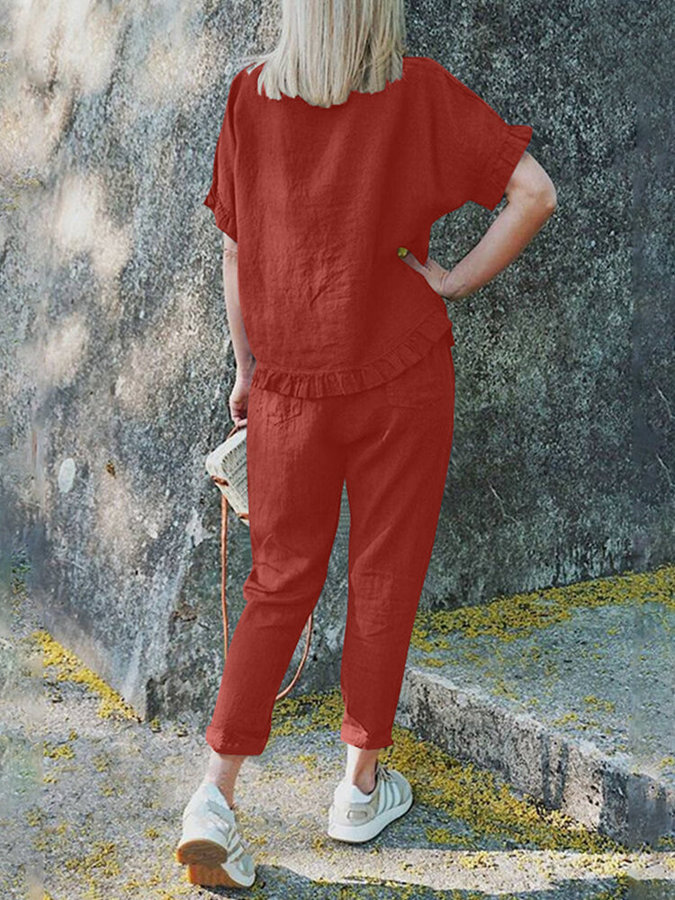 Solid Ruffle Pocket Half Sleeve Round Neck Suit Solid Ruffle Pocket Half Sleeve Round Neck Suit