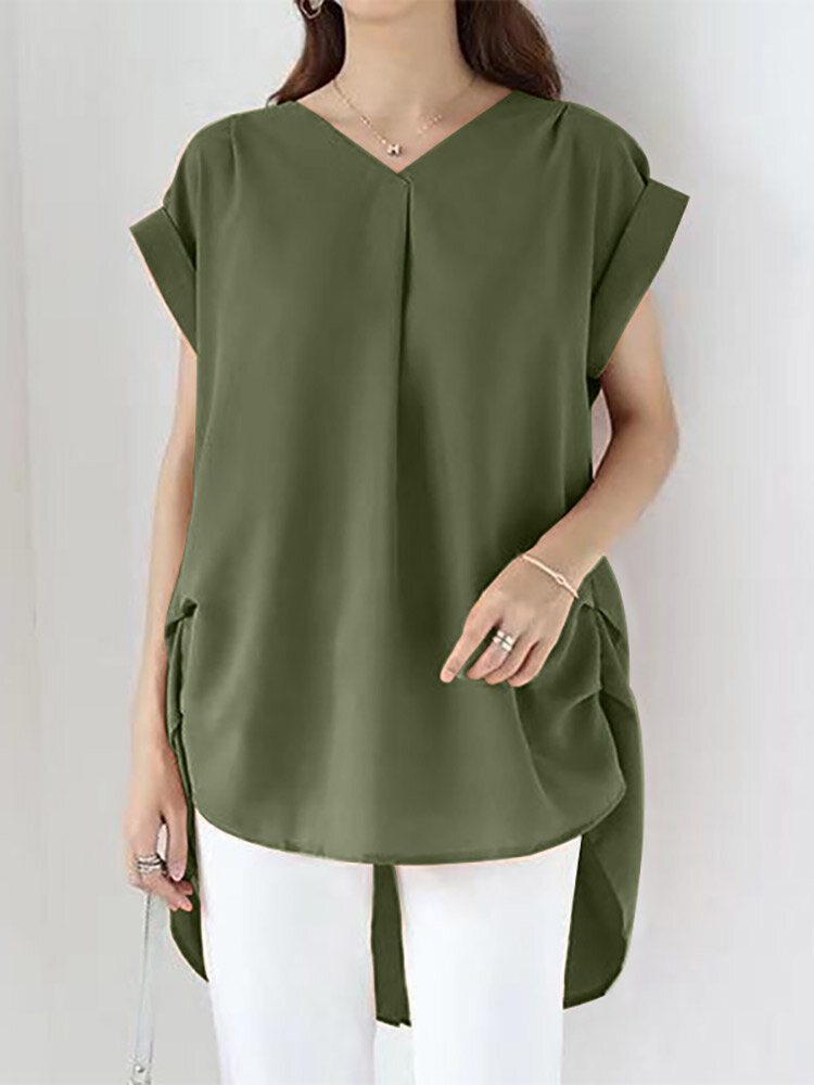 Solid Ruched Short Sleeve V Neck Casual Blouse Solid Ruched Short Sleeve V Neck Casual Blouse