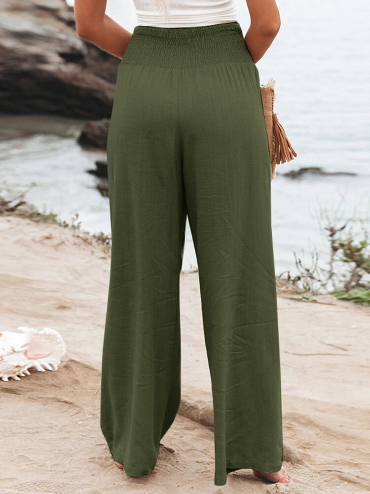 Leisure Solid Shirring Pocket Wide Leg Cotton Pants Leisure Solid Shirring Pocket Wide Leg Cotton Pants