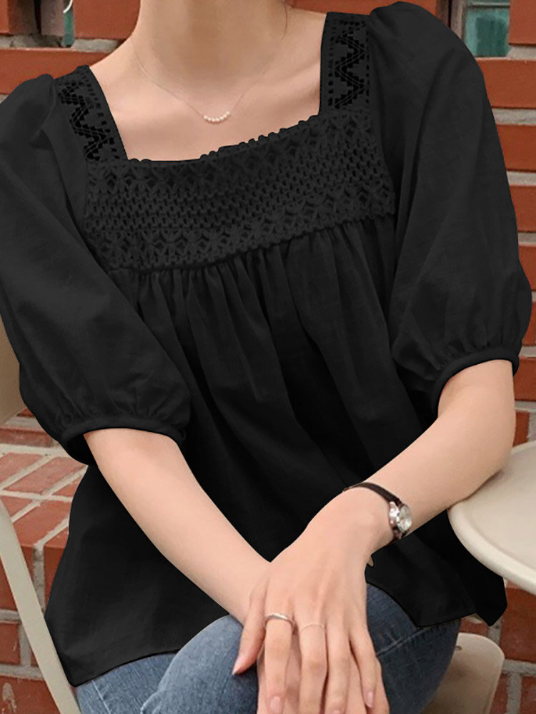 Solid Lace Patchwork Square Collar Short Sleeve Casual Cotton Blouse Solid Lace Patchwork Square Collar Short Sleeve Casual Cotton Blouse