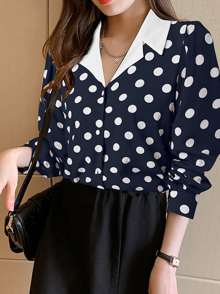 Polka Dot Contrast Color Lapel Button Long Sleeve Casual Shirt Polka Dot Contrast Color Lapel Button Long Sleeve Casual Shirt