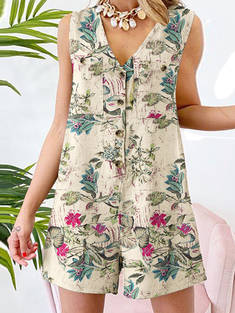 Sleeveless Button Print Flower Pocket Regular Fit Jumpsuit Sleeveless Button Print Flower Pocket Regular Fit Jumpsuit