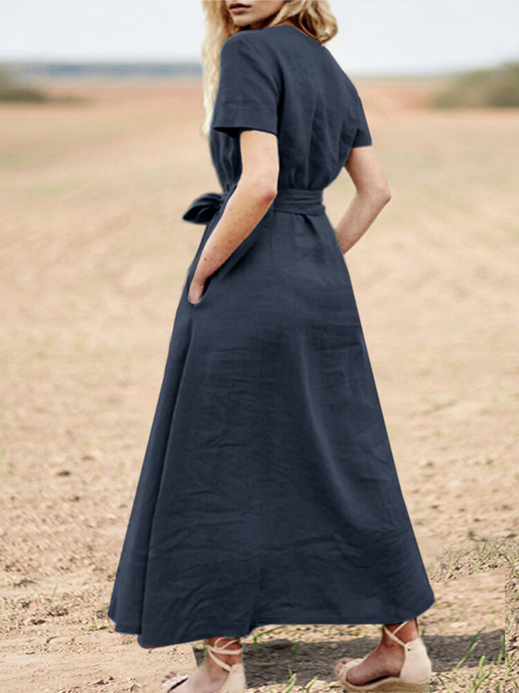 Solid Pocket Sash Short Sleeve Cotton Casual Maxi Dress Solid Pocket Sash Short Sleeve Cotton Casual Maxi Dress