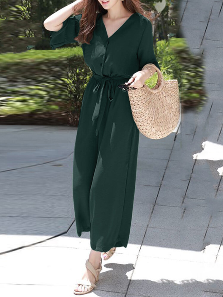 Solid Belt Pocket Button Ruffle Sleeve V neck Jumpsuit Solid Belt Pocket Button Ruffle Sleeve V neck Jumpsuit