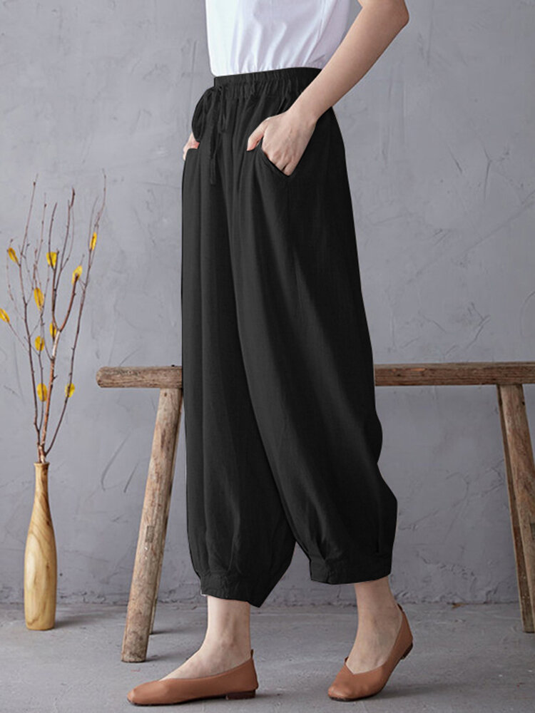 Solid Elastic Waist Drawstring Pocket Cotton Casual Pants Solid Elastic Waist Drawstring Pocket Cotton Casual Pants