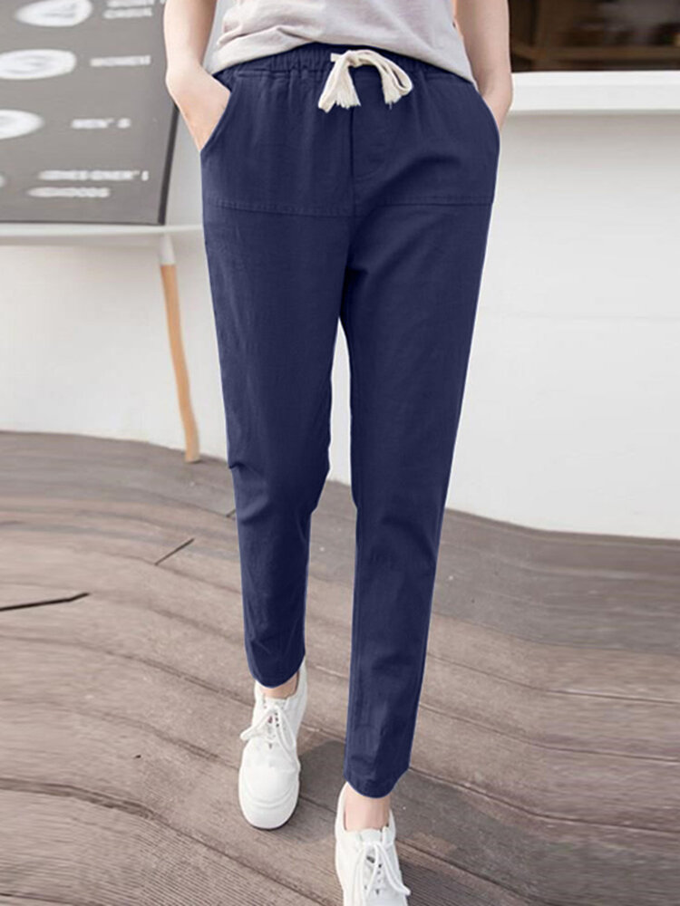Solid Pocket Drawstring Elastic Waist Casual Tapered Pants Solid Pocket Drawstring Elastic Waist Casual Tapered Pants