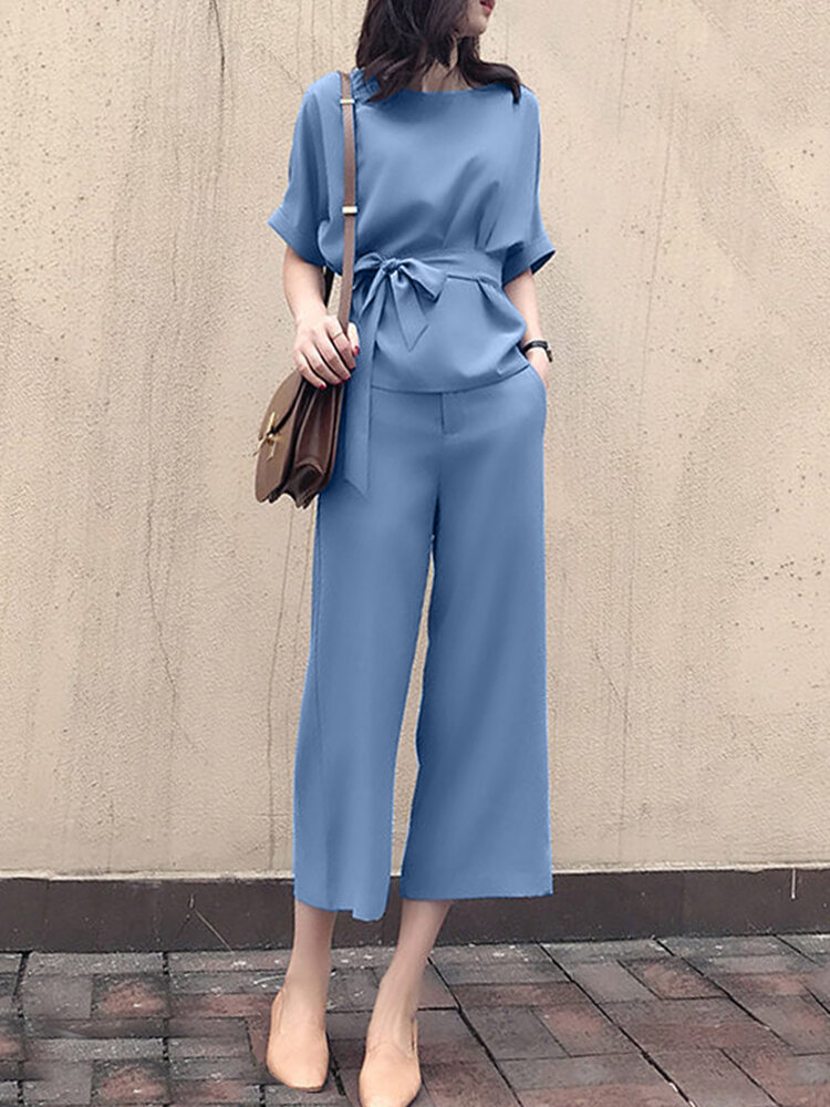 Solid Belt Pocket Rolled Sleeve Wide Leg Two Pieces Suit Solid Belt Pocket Rolled Sleeve Wide Leg Two Pieces Suit