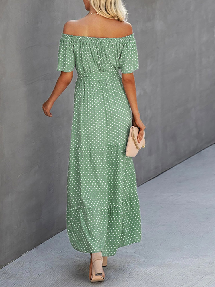 Dot Print Off Shoulder Short Sleeve Dress With Belt