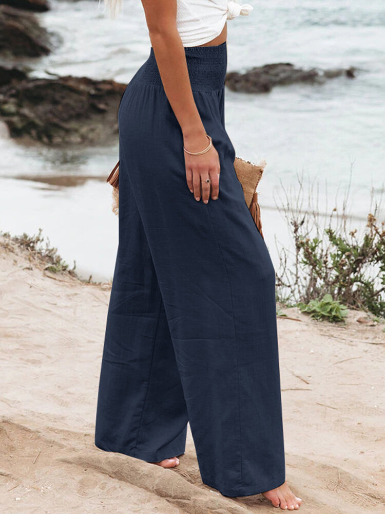 Leisure Solid Shirring Pocket Wide Leg Cotton Pants Leisure Solid Shirring Pocket Wide Leg Cotton Pants