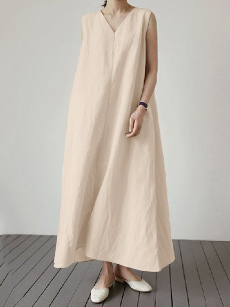 Solid V Neck Sleeveless Casual Cotton Maxi Dress Solid V Neck Sleeveless Casual Cotton Maxi Dress