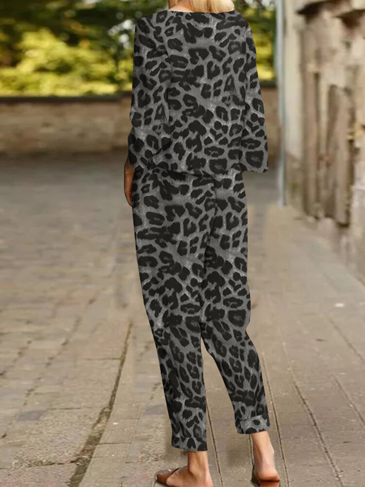 Leopard Print Pocket Tie Long Sleeve Elastic Waist Two Pieces Set