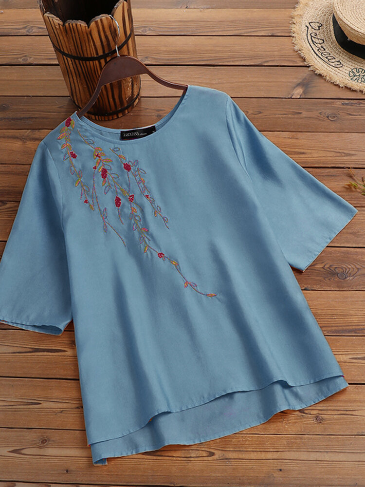 Plants Embroidered Round Neck Half Sleeve Casual Blouse Plants Embroidered Round Neck Half Sleeve Casual Blouse