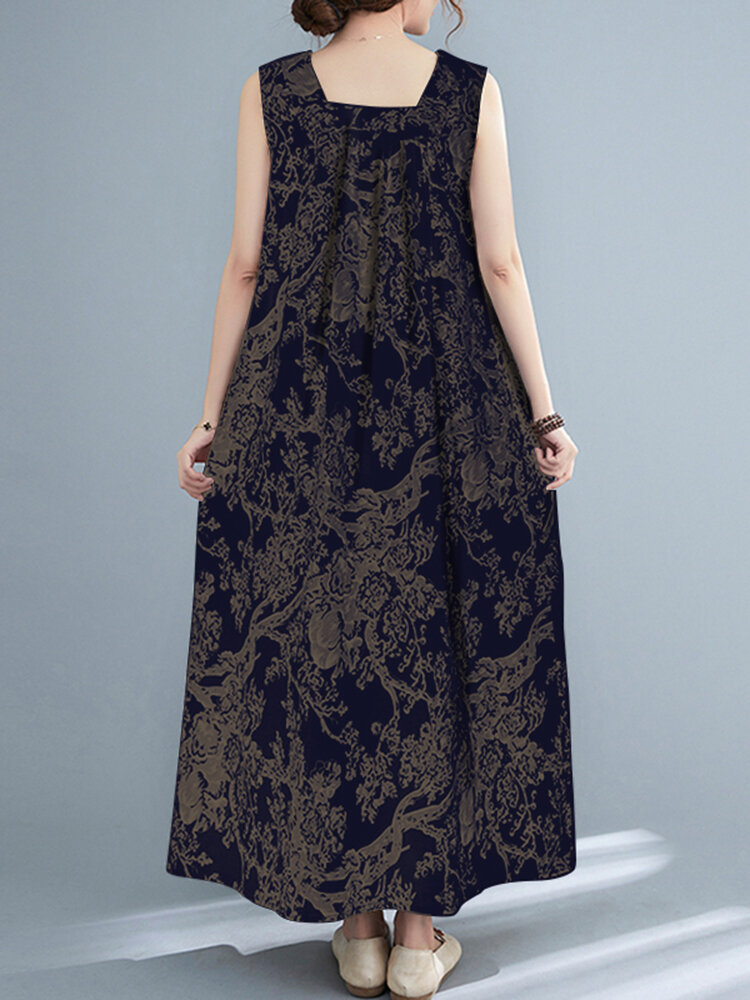 Plant Print Ruched Sleeveless Casual Maxi Cotton Dress
