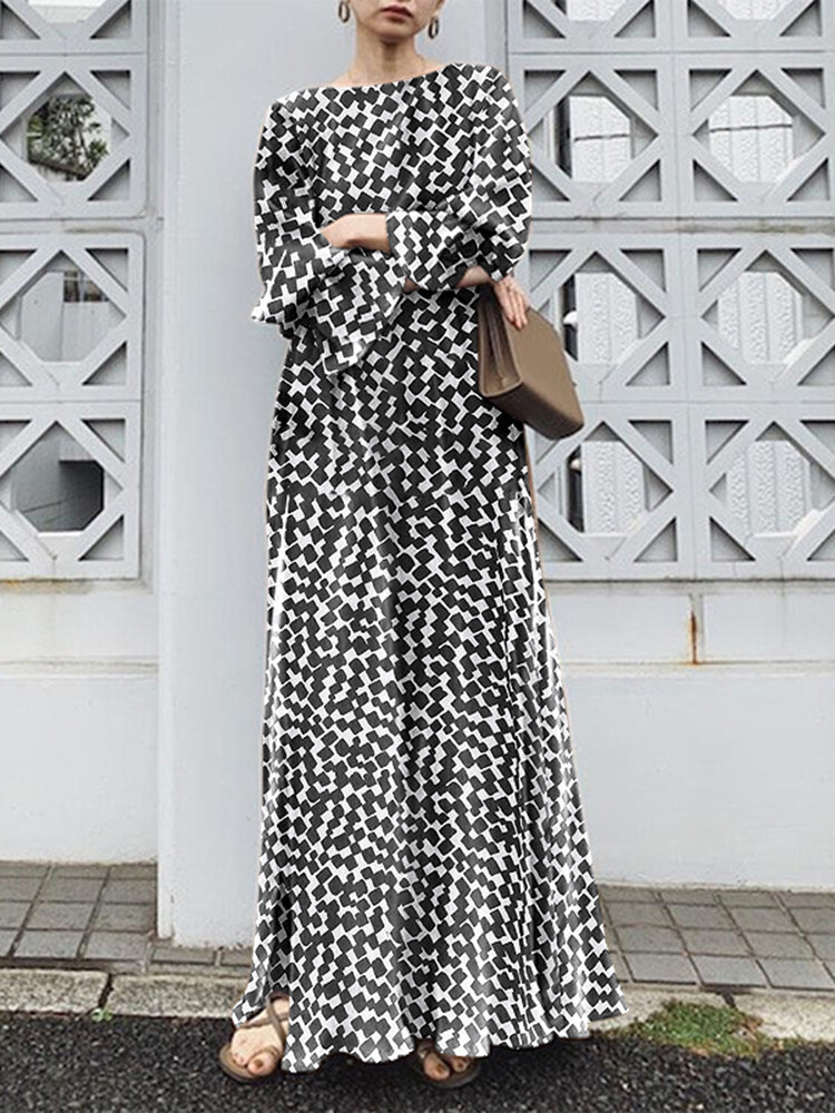 Geo Print Long Sleeve Slit Side Crew Neck Maxi Dress Geo Print Long Sleeve Slit Side Crew Neck Maxi Dress