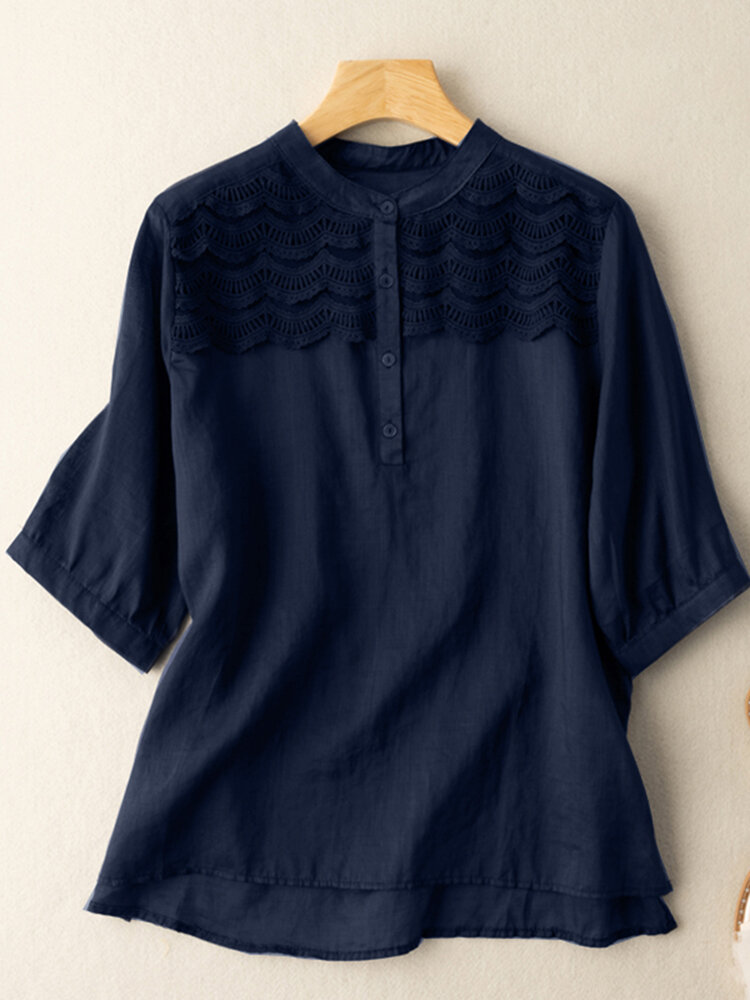 Solid Patchwork Split Stand Collar Casual Blouse