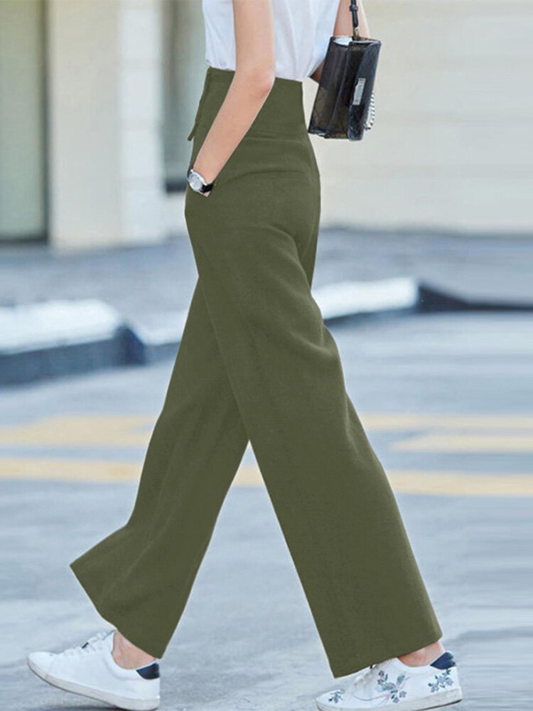 Solid Pocket Button Wide Leg High Waist Casual Pants Solid Pocket Button Wide Leg High Waist Casual Pants