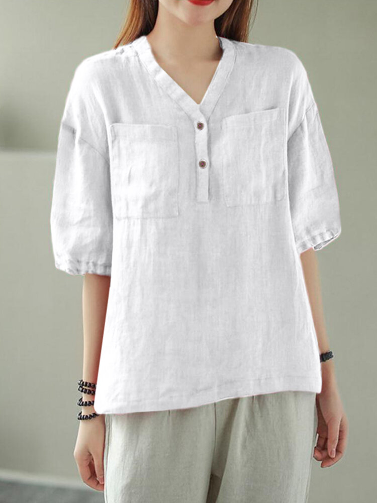 Solid Button Pocket V Neck Half Sleeve Casual Cotton Blouse