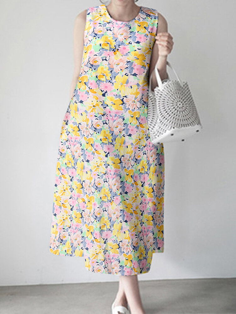 Calico Sleeveless Round Neck Print Dress