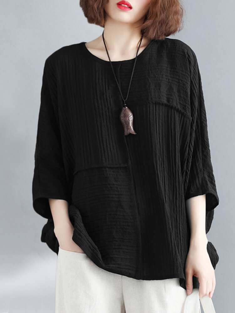 Solid Round Neck Bat Sleeve Casual Blouse Solid Round Neck Bat Sleeve Casual Blouse