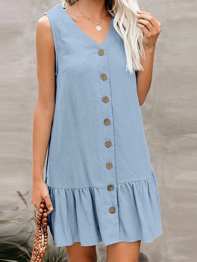 Cotton Solid Button Ruffle Sleeveless V Neck Casual Dress