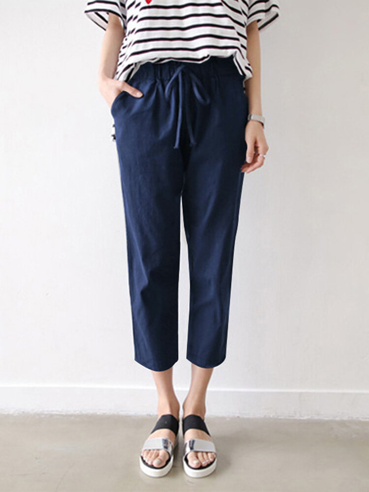 Leisure Solid Drawstring Pocket Cotton Casual Pants Leisure Solid Drawstring Pocket Cotton Casual Pants