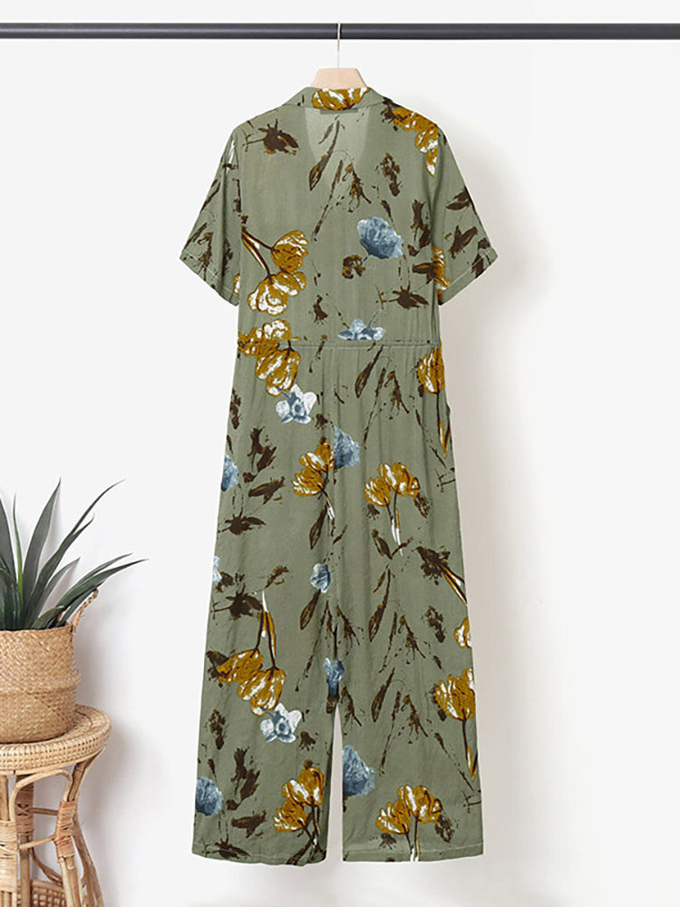 Floral Print Button Pocket Short Sleeve Wide Leg Jumpsuit Floral Print Button Pocket Short Sleeve Wide Leg Jumpsuit