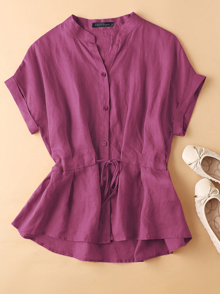 Solid Button Drawstring V Neck Roll Sleeve Casual Cotton Blouse Solid Button Drawstring V Neck Roll Sleeve Casual Cotton Blouse