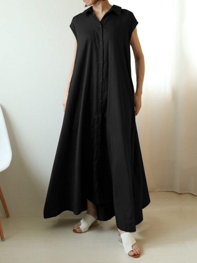 Solid Button Lapel Ruched Short Sleeve Maxi Shirt Dress Solid Button Lapel Ruched Short Sleeve Maxi Shirt Dress