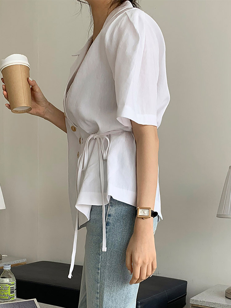 Solid Button Tie Up Lapel Short Sleeve Casual Cotton Blouse Solid Button Tie Up Lapel Short Sleeve Casual Cotton Blouse