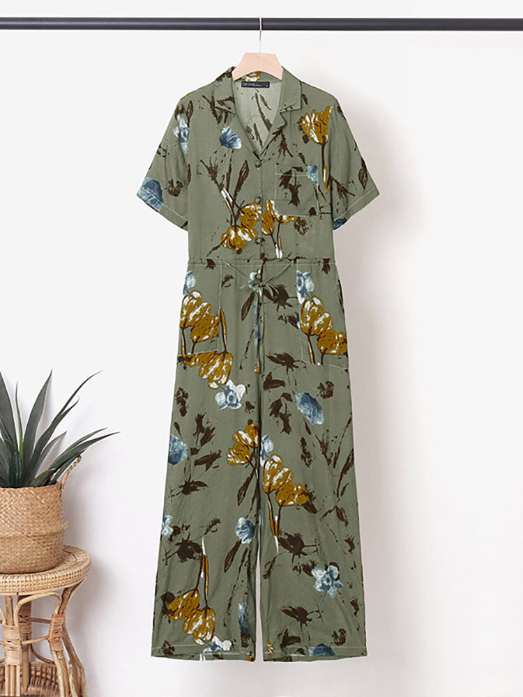 Floral Print Button Pocket Short Sleeve Wide Leg Jumpsuit Floral Print Button Pocket Short Sleeve Wide Leg Jumpsuit