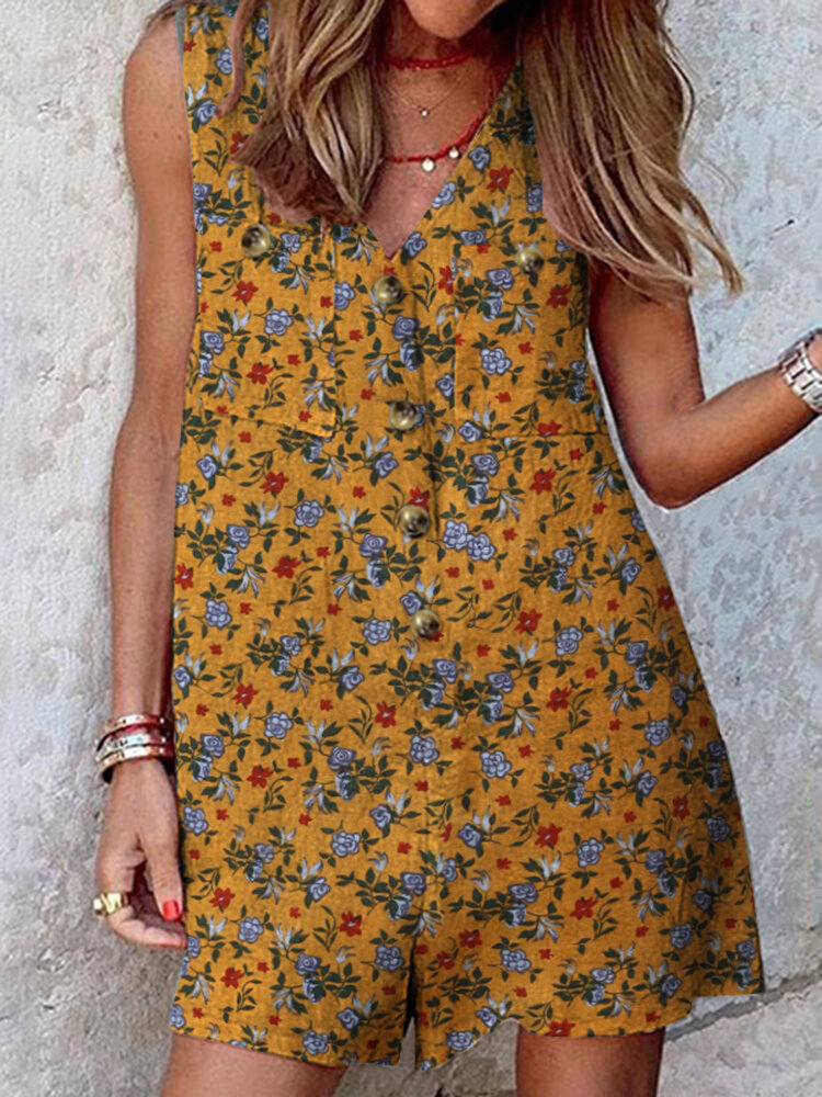 Leisure Calico Button Pocket Sleeveless V Neck Cotton Romper Leisure Calico Button Pocket Sleeveless V Neck Cotton Romper